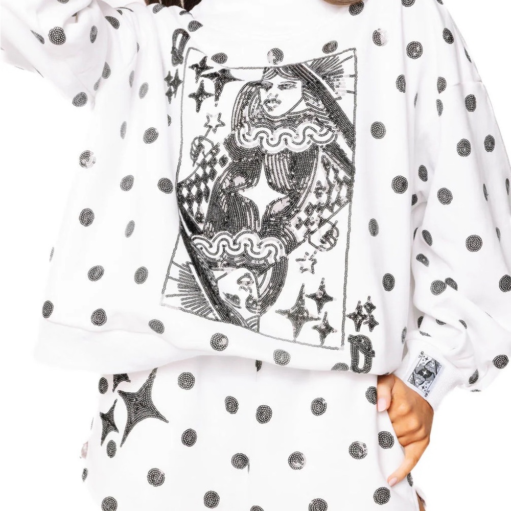 Queen Of Sparkles Polka Dot Graphic Card Print Sweatshirt - White & Black